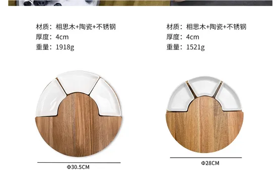 Fujian Factory Supply Round Acacia Cheese Board with Removable Bowls and Knives