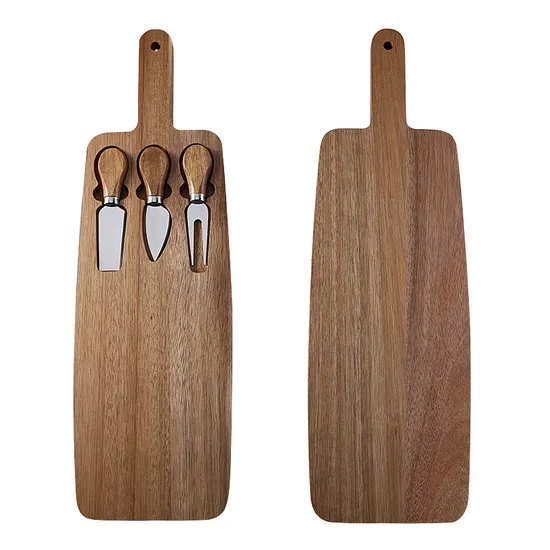 Long Acacia Wood Cheese Board with Cutlery Set for Outdoor Camping