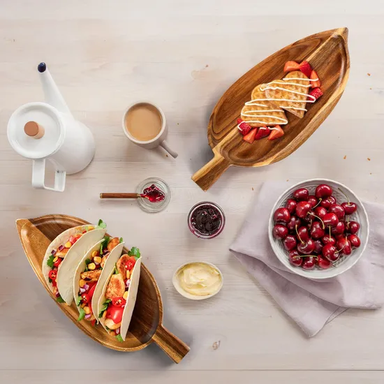 Leaf Shape Acacia Wood Food Serving Tray for Appetizers & Snacks with Handles