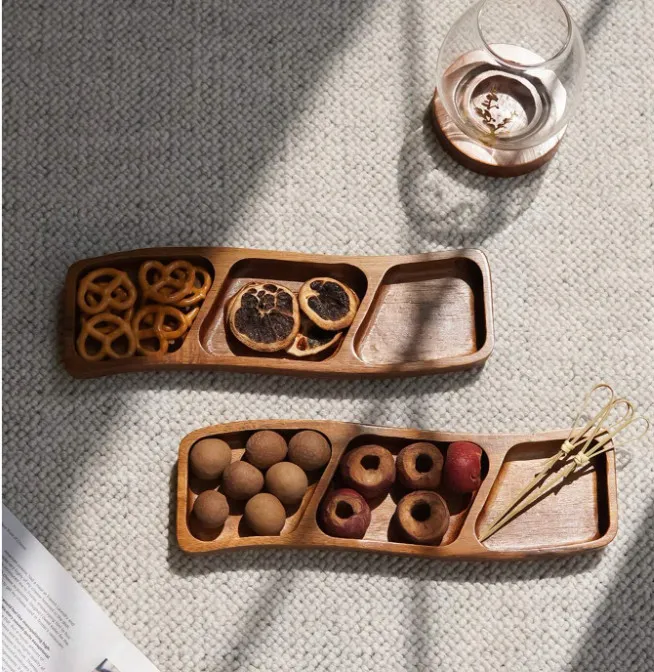 Handcrafted Divided Acacia Wood Sushi Serving Plate Dried Fruits Plate Set