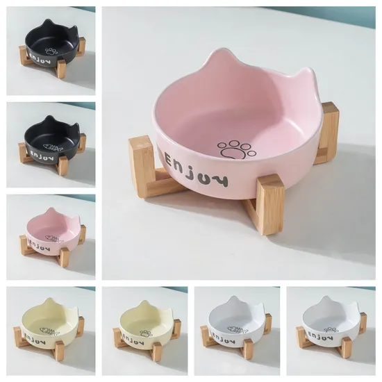 Ceramic Pet Cat Bowl Dog Bowl with Bamboo Wooden Shelf