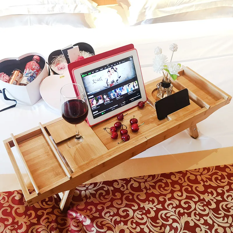 Extendable Bamboo Bathtub Caddy Tray Table with Folding Legs