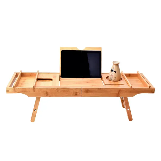 Extendable Bamboo Bathtub Caddy Tray Table with Folding Legs