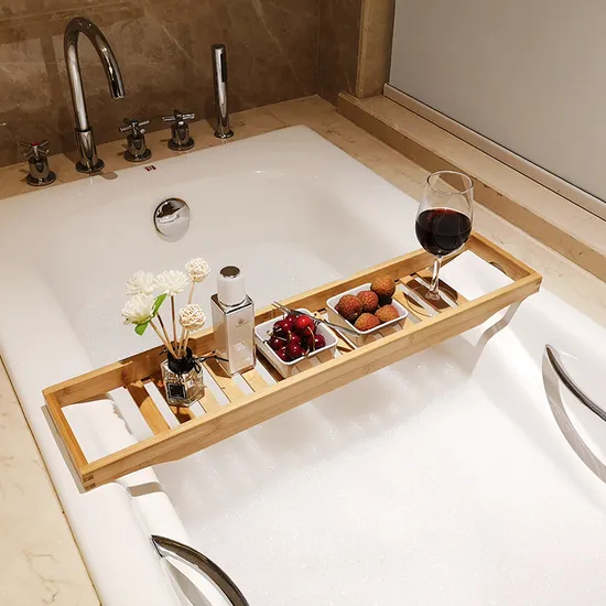 Factory Direct Wholesale Bathroom Bathtub Caddy Tray with Book and Wine Holder
