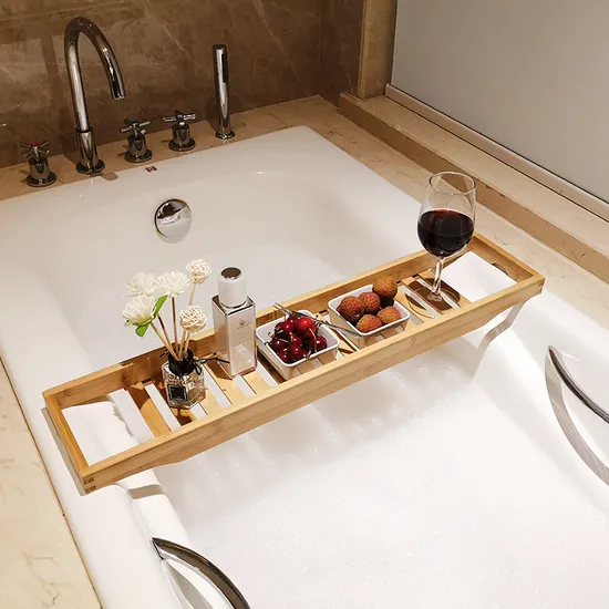 Factory Direct Wholesale Bathroom Bathtub Caddy Tray with Book and Wine Holder