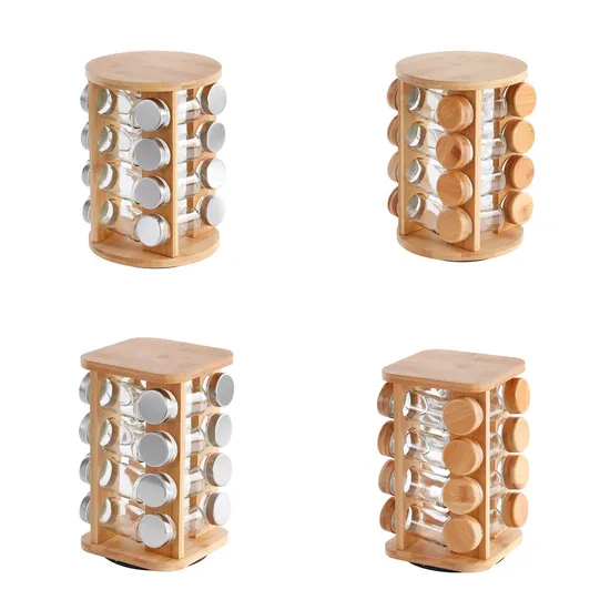 4-Layer 16 Jar Rotating Bamboo Seasoning Rack with Glass Spice Bottle