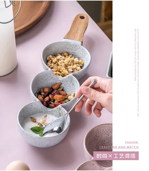 Elegant 3-Piece Ceramic Bowl Set with Wooden Handles for Snacks
