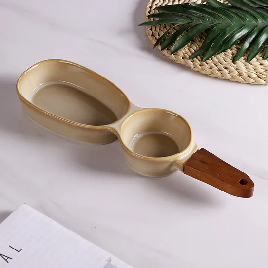 Wooden Handle Ceramic Snack Bowl Divider Ceramic Serving Dish Salad Container Plate