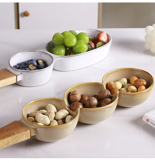 European-Style Creative Ceramic Dried Fruit Plate and Snack Plate with Wooden - Handle