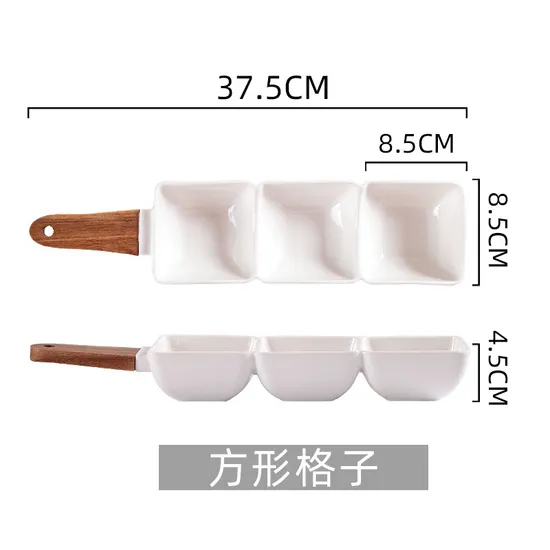 Wooden-Handled Three-Section Ceramic Bowl for Nuts, Veggies, Fruits, and Candy Serving