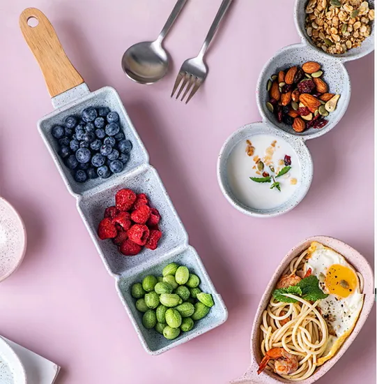 Stylish Ceramic Plate Set with Wooden Handles for Snacks