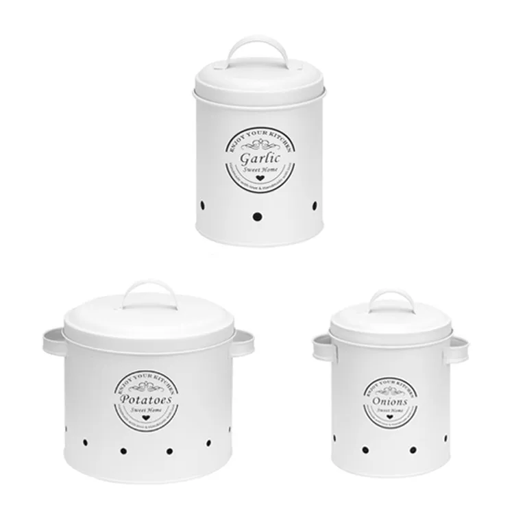 Custom Engraved Round Metal Onions potatoes Canister Set of 3 with Handle