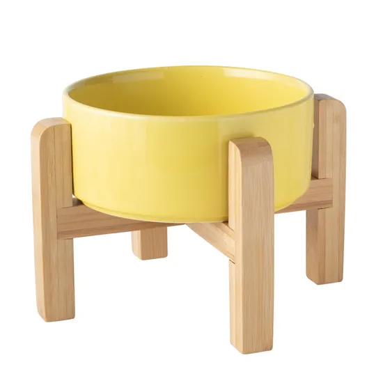 Neck-Protecting Ceramic Dog and Cat Food Bowl with Bamboo Rack