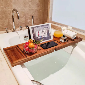 Adjustable Teak Wood Shower Organizer Expandable Bath Shelf Bathtub Caddy Tray