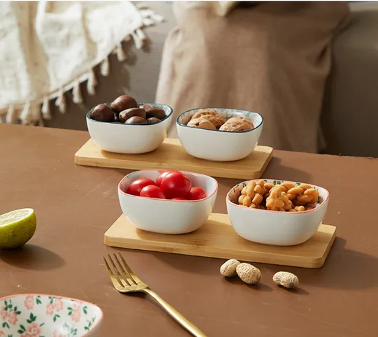 Elegant Ceramic Dipping Bowls Set with Bamboo Serving Tray