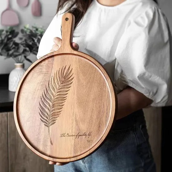 Hot Selling Custom Round Acacia Wood Serving Tray with Handle