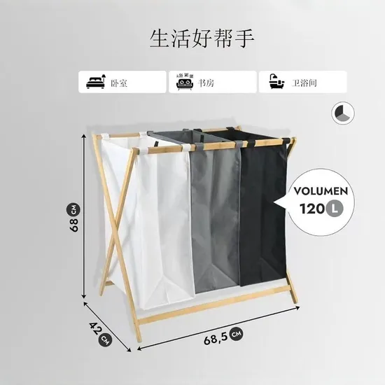 Waterproof Foldable Three - Compartment Fabric Laundry Baskets Sundries Baskets with Bamboo Shelf