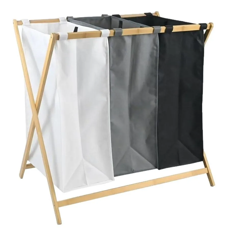 Waterproof Foldable Three - Compartment Fabric Laundry Baskets Sundries Baskets with Bamboo Shelf
