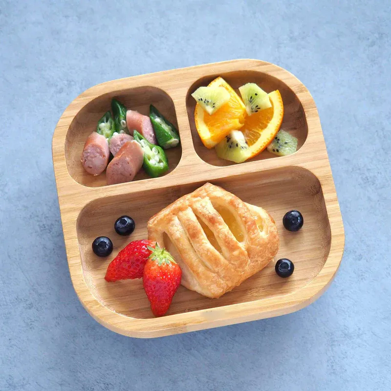 Square Bamboo Portion Plate Wooden Baby Plates with Suction
