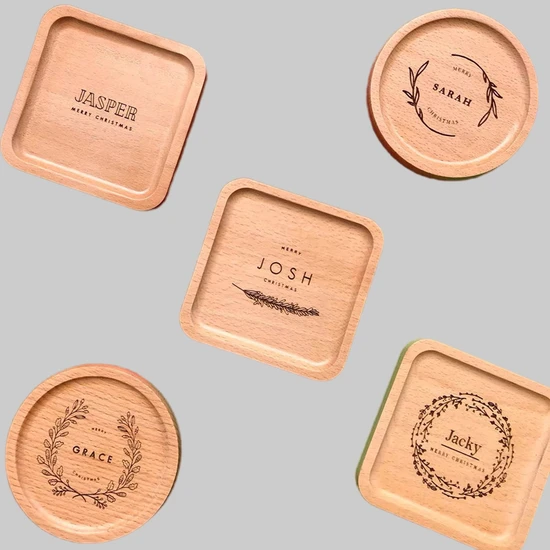 Custom Engraved Round and Square Beech Wooden Coasters for Personal Gifts