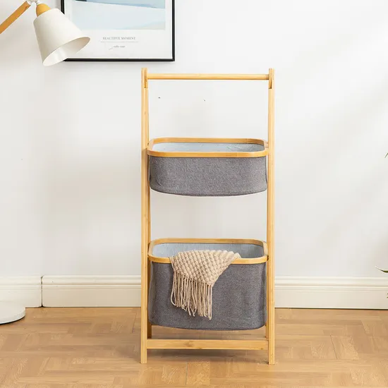 Large-Capacity a-Shaped Double-Layer Bamboo Fabric Storage Shelf Laundry Basket for Bathroom