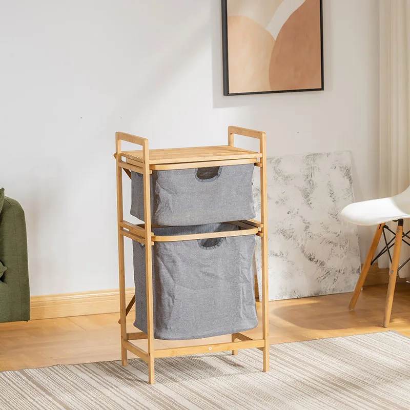 Double - Layer Bathroom Floor - Standing Bamboo and Fabric Storage Shelf as a Dirty Clothes Basket