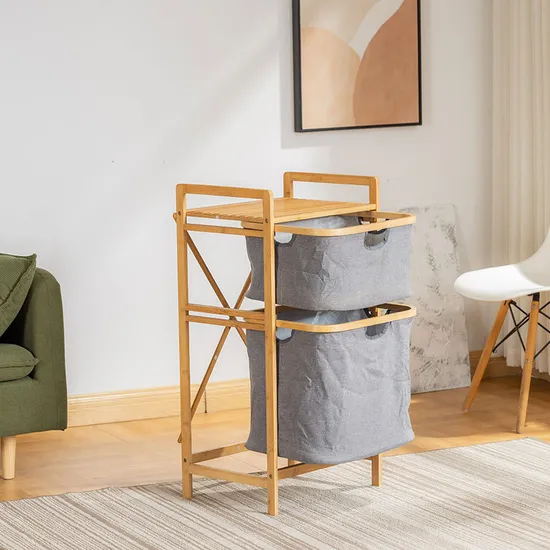 Double - Layer Bathroom Floor - Standing Bamboo and Fabric Storage Shelf as a Dirty Clothes Basket