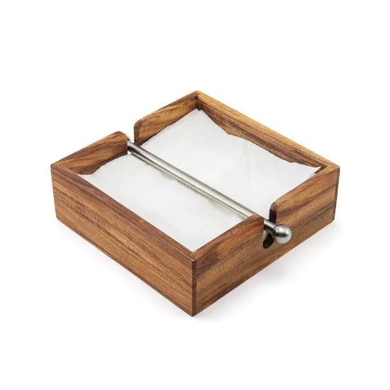 Acacia Wood Napkin Holder with Weighted Stainless Steel Center Bar