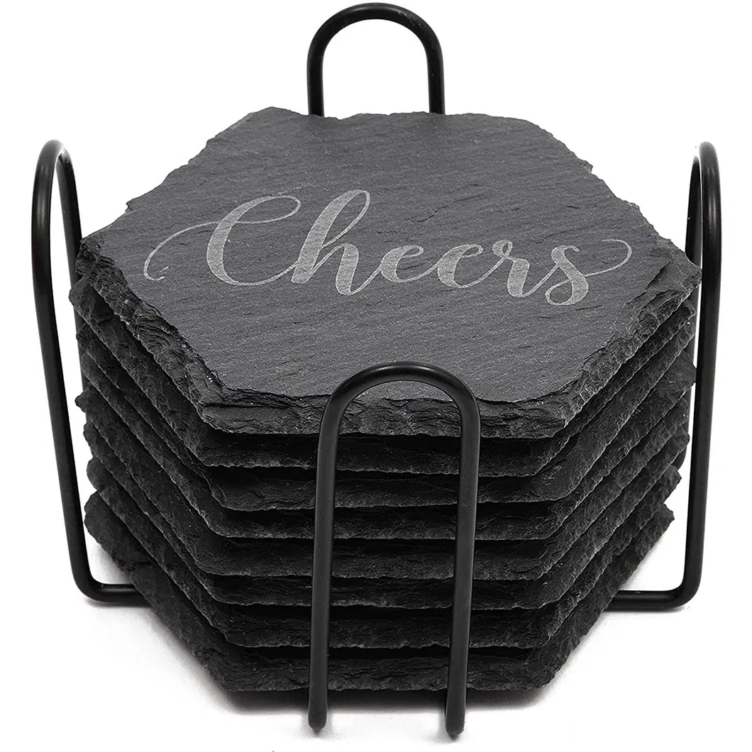 Custom Engraved Round Shaped Black Slate Coasters with Metal Holder
