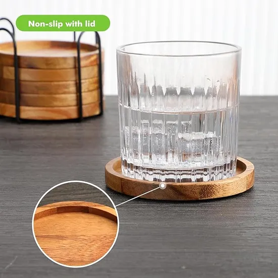 Custom Ecofriendly Round Acacia Wooden Cup Coasters with Holder for Green Living