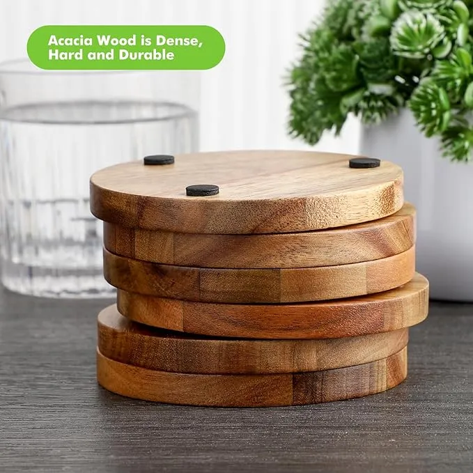 Custom Ecofriendly Round Acacia Wooden Cup Coasters with Holder for Green Living