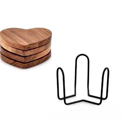 Artistic - Looking Heart Shape Wooden Coaster with Metal Holder for Table Decoration