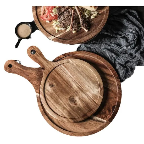 Functional Custom Round Acacia Wood Charcuterie and Cheese Serving Tray with Handle Bulkbuy