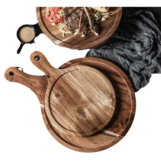 Functional Custom Round Acacia Wood Charcuterie and Cheese Serving Tray with Handle Bulkbuy