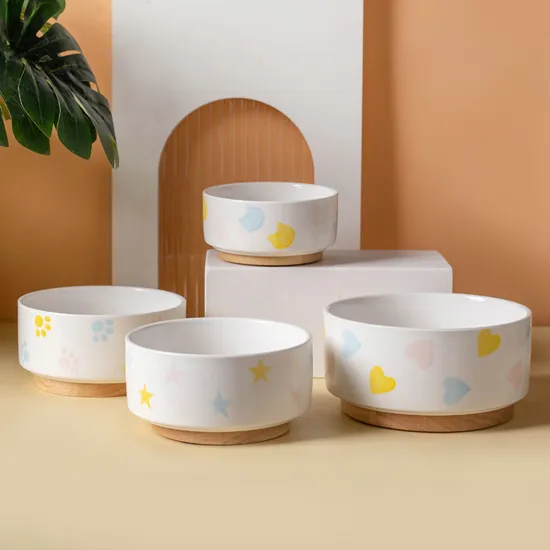 Round Custom Design Ceramic Pet Food Bowl with Wooden Base