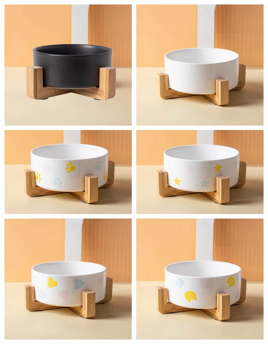 Ceramic Pet Dog Cat Bowl with Bamboo Wooden Base