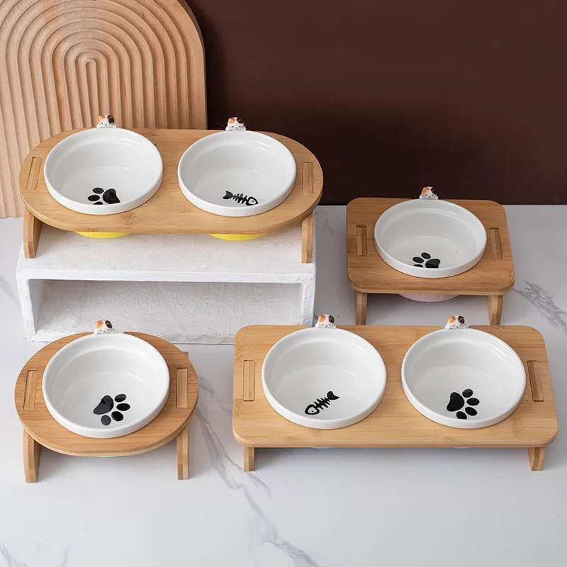 No Spill Ceramic Pet Bowl Dish with Wood Stand Ceramic Double Pet Bowl for Dog Cat