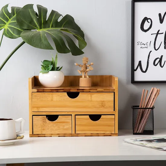 Office and Home Supplies 3-Layer Bamboo Desktop Storage Box for Cosmetics and Sundries Storage