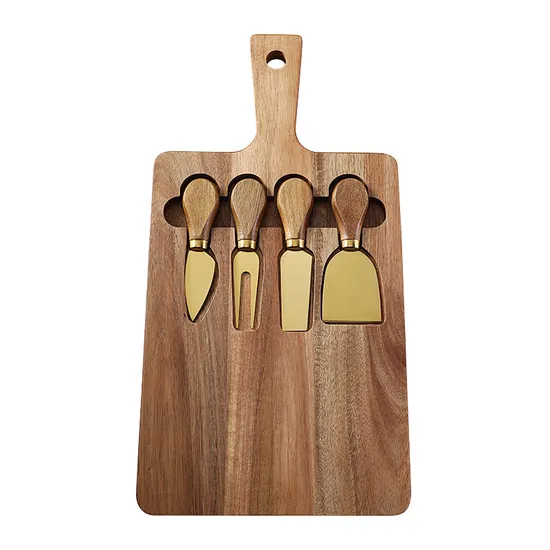 Sustainable Paddle Shape Acacia Wooden Cheese Board with 4 Cheese Knfe Set
