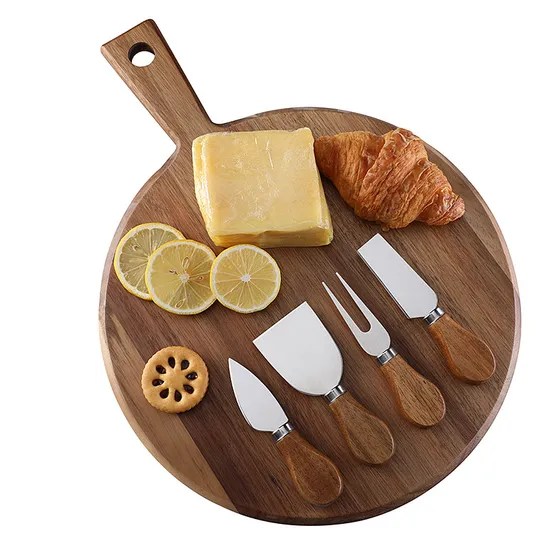 Mass Production Compact Round Acacia Wood Cheese Board with Handles and Knives