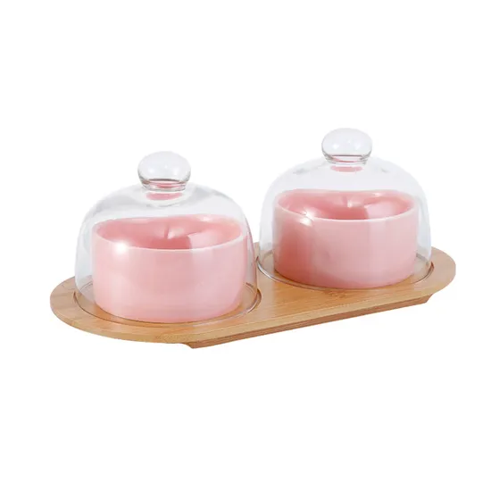 Bamboo Serving Platter with Glass Lids and Ceramic Bowls for Snack Candy Fruit Nut