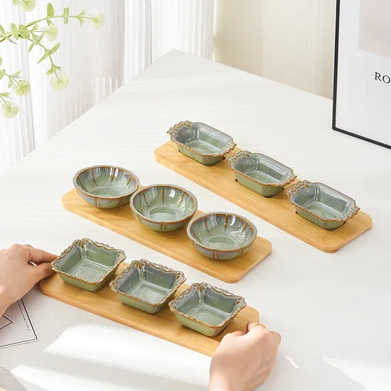 Set of 4 Ceramic Seasoning Dipping Bowls with Bamboo Serving Tray for Sush and Sauce
