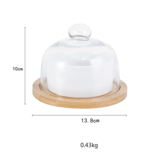 Mini Round Bamboo Wood Cake Stand with Glass Dome and Ceramic Bowls for Cakes & Cheese Platters