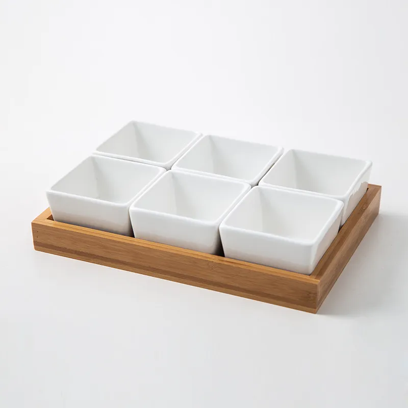 Hot Selling Ceramic Tableware Snack Appetizer Set Serving Plate with Wooden Bamboo Tray