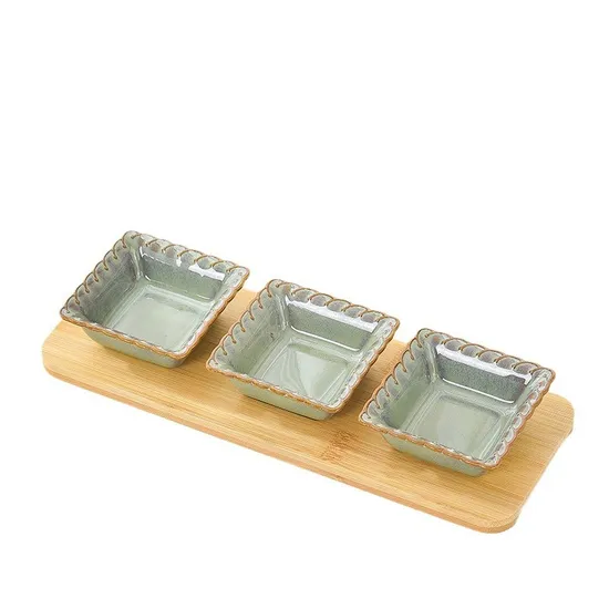 Ceramic Condiment Set Sauce Dish on Acacia Wood Base