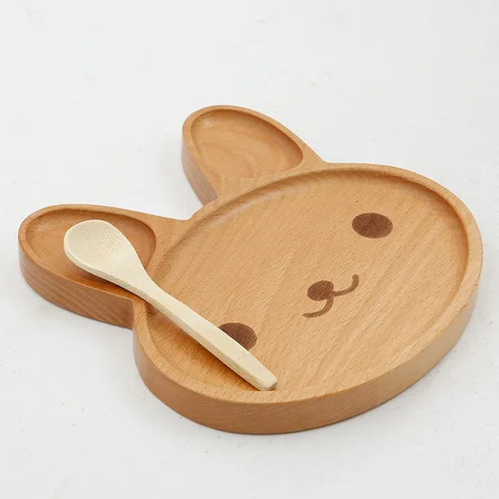 Natural Rabbit Shape Beech Wood Dinner Plate Snack Plate for Children