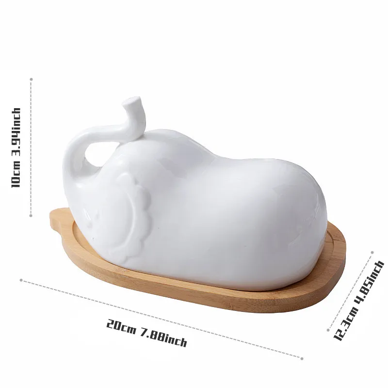 Bamboo Butter Dish with Elephant Shape Ceramic Lid for Countertop Kitchen