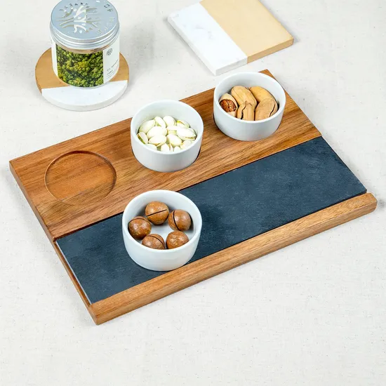 Rubber Wood and Black Slate Serving Board with 3 Knives for Cheese / Charcuterie
