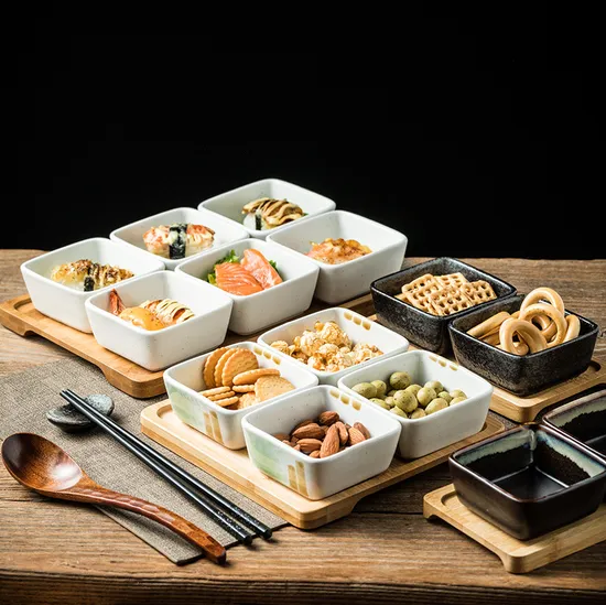 Bamboo Serving Tray with 6 -Compartments Ceramic Serve Bowl Dishes