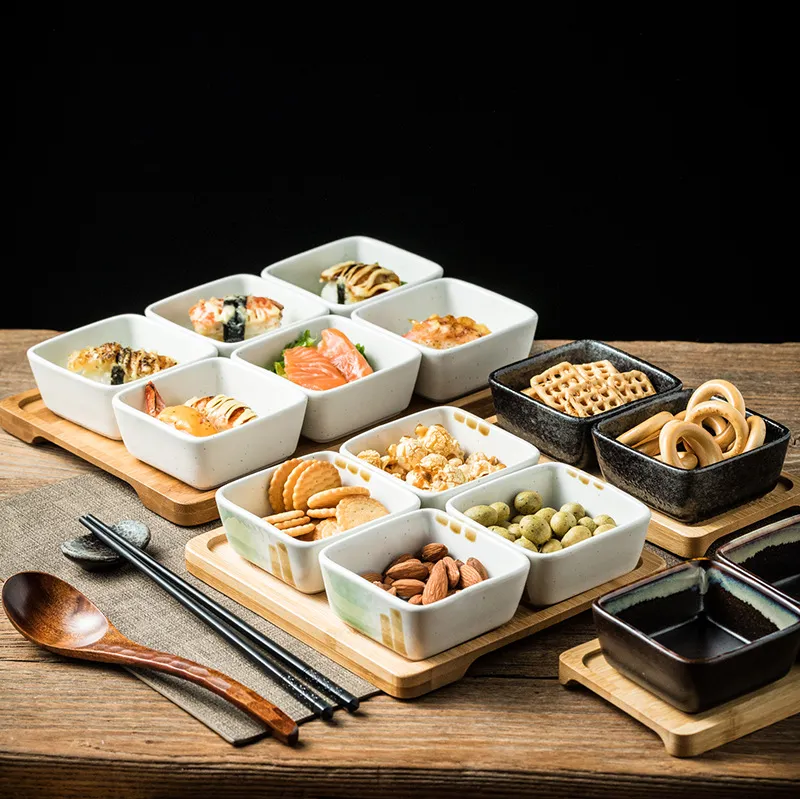 Bamboo Serving Tray with 6 -Compartments Ceramic Serve Bowl Dishes